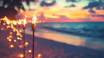 Tropical new year celebrations Abstract Background With Defocused Bokeh Lights, glowing tiki torches lining a sandy beach under colorful skies