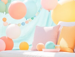 Fototapeta premium A colorful setup with balloons and cushions, perfect for a celebration.