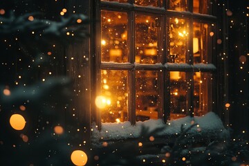 Obraz premium Cozy Winter Night: A Snowy Window with Warm Lights
