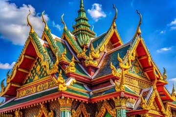 Fototapeta premium Stunning Architectural Details of a Traditional Thai Temple Showcasing Intricate Carvings, Vibrant Colors, and Unique Roof Structures, Capturing the Essence of Thai Culture and Heritage