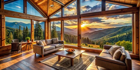 Fototapeta premium Stunning Architectural Photography of a Cozy Cabin with Scenic Mountain Views Surrounded by Lush Forests, Perfect for Nature Lovers and Rustic Retreats in Serene Landscapes