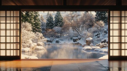 Serene Winter Landscape Through Traditional Window Frame