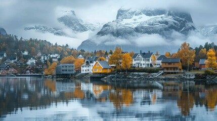 Fototapeta premium A serene landscape featuring colorful houses by a calm lake with mountains and autumn foliage.