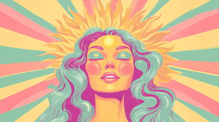 Vintage carnival circus background: retro and style with sun, rainbow swirl pattern, and radial circular motifs. Parhelion. Illustration