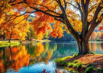 Fototapeta premium Stunning Autumn Tree Reflected in Calm Pond, Vibrant Fall Colors Showcasing Nature's Beauty, Perfect for Seasonal Decor and Outdoor Photography