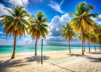 Obraz premium Stunning Beach Volleyball Field Surrounded by Lush Palm Trees on an Idyllic Tropical Beach with Crystal Clear Waters and Soft White Sand, Perfect for Summer Sports and Leisure Activities
