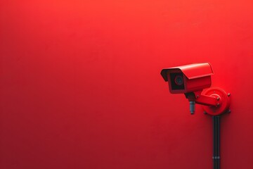 Bold Red Surveillance Camera Against a Vibrant Wall