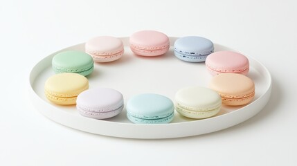Obraz premium Colorful macarons arranged in a circle on a white plate.
