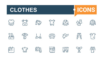 Set of Clothes line icons. Includes thin line garment, fashion, beauty, jacket, clothing, blazer and more. Minimalist thin linear icon. Vector outline icons collection.