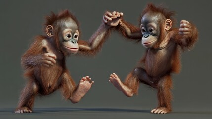 Naklejka premium Two Young Baby Orangutan Playing Around with Eachother. / Baby Animals.