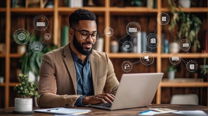 Focused Businessman Working on Laptop in Modern Office with Digital Interface