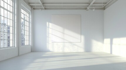 Empty White Loft Interior with Large Windows and Blank Canvas