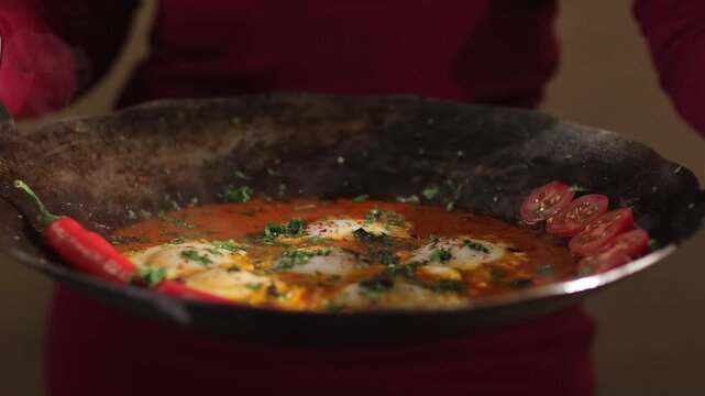 Closeup slow-motion of a person serving hot and fresh Shakshouka in large, old and rusty plate