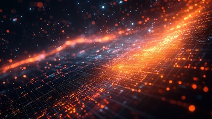Obraz premium Abstract Digital Network Glowing Grid with Orange and Blue Particles, Futuristic Technology Background