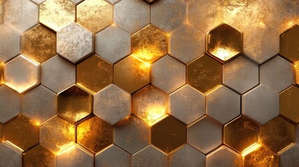 Abstract 3D render, hexagon tile pattern, futuristic block wall, metallic textures, glowing highlights, minimalistic design