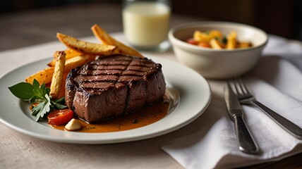 Gourmet Steak Dinner with Grilled Vegetables and French Fries V6