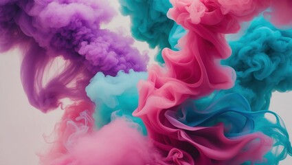 Colorful smoke swirls in shades of purple, pink, and turquoise creating a dynamic, abstract visual ideal for creative projects and backgrounds.