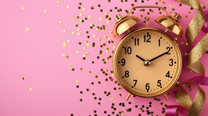 New years decor and party glamorous, A gold alarm clock on a pink background surrounded by festive confetti and ribbons, symbolizing celebration and the passage of time.