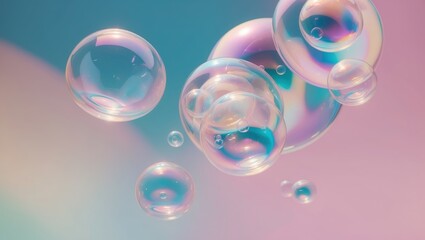 Colorful soap bubbles floating on a pastel background, showcasing reflections and light refraction, creating a whimsical and dreamy atmosphere.