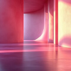 Abstract Pink Interior with Sunlight, Curved Walls and Reflective Floor.