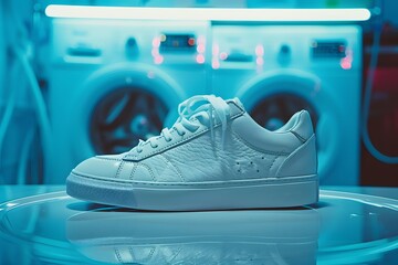 Stylish White Sneakers in a Modern Laundry Setting