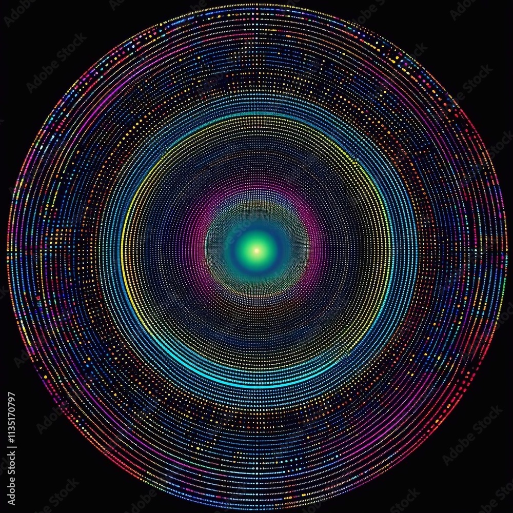 Wall mural concentric colored neon circles on black background. digital futuristic illustration creating a sens