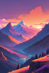 A vintage-style illustration of a sunset over mountains, with layered gradient colors in orange, pink, and purple.