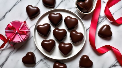Fototapeta premium Heart-shaped chocolate candies arranged on a marble surface, surrounded by a pink gift box and red ribbon, creating a romantic mood.