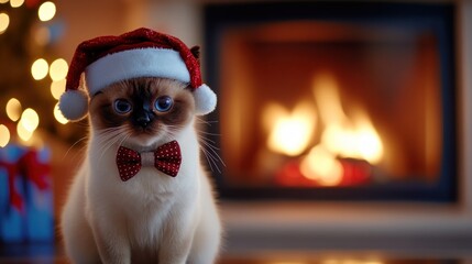 Cute cat wearing Santa hat and bowtie in front of fireplace with Christmas tree lights and presents.