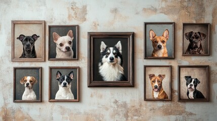 Vintage pet portrait display on textured wall, perfect for artistic nostalgia and unique home decor...