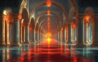 Obraz premium Majestic Hallway of a Fantasy Palace Ornate Columns, Red Carpet, and Golden Accents - 3D Render.