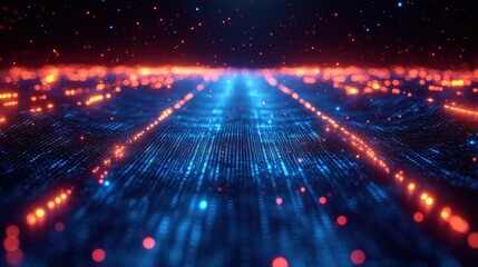 Fototapeta premium Abstract Digital Data Stream Glowing Blue and Orange Particles Background for Technology, AI, and Network Concepts.