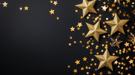 New years decor and party glamorous, A festive arrangement of golden stars scattered against a dark background, creating a luxurious and celebratory atmosphere.