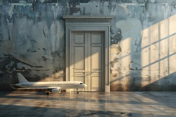 Surreal Scene of a Model Airplane Beside an Elegant Door in a Weathered Room