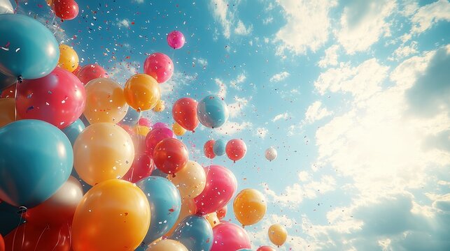 Colorful Party Balloons Ascending into a Cheerful Cloudy Sky with Confetti.