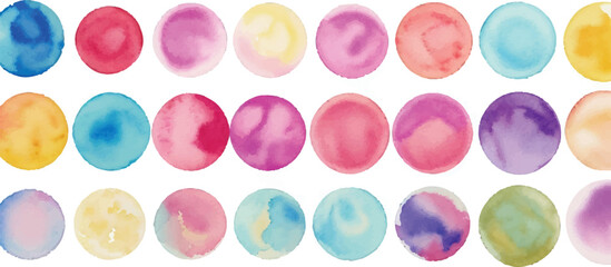 A vibrant collection of multicolor watercolor circles, created with bold brushstrokes, set against a clean white background for a dynamic and expressive artistic design.