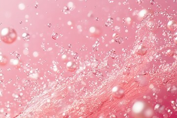 Abstract composition, pink background, pearl confetti, flowing motion, dynamic, artistic