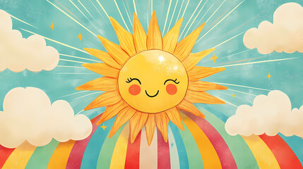 Fototapeta premium Kids room decorations with hand drawn sun, rainbow, and clouds. ideal for cards, invitations, and posters. Parhelion. Illustration