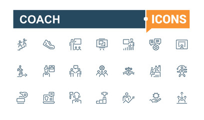 Coach line icon collections. Includes icons for counselor, leadership, manager, training, motivation, teamwork, method, mentoring. Thin outline icons pack. Vector illustration in modern line style.