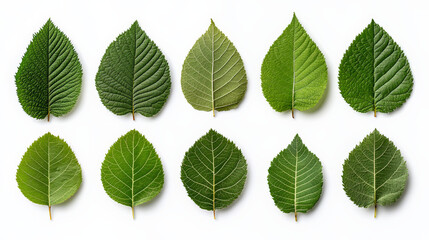 Fototapeta premium Leaf Variety: A collection of ten diverse green leaves, showcasing various shapes and textures, presented in a high-angle shot against a plain background, celebrating botanical diversity.