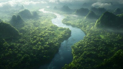 Fototapeta premium Lush greenery surrounds a winding river in a misty landscape at dawn