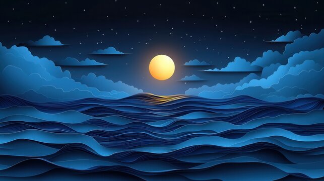 Stylized Nightscape with Full Moon over Ocean Waves and Cloudy Sky in a Paper Cut Art Style.