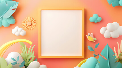 Photo frame with sun, rainbow and clouds border background. Parhelion. Illustration