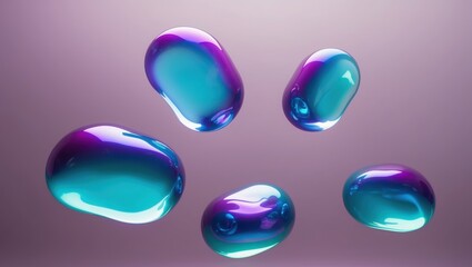 Vibrant, glossy blobs in purple and teal hues contrasted against a soft gradient background with abstract and futuristic design elements.