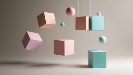 Colorful abstract geometric shapes including cubes and spheres in pastel tones suspended against a neutral background, creating a modern aesthetic.