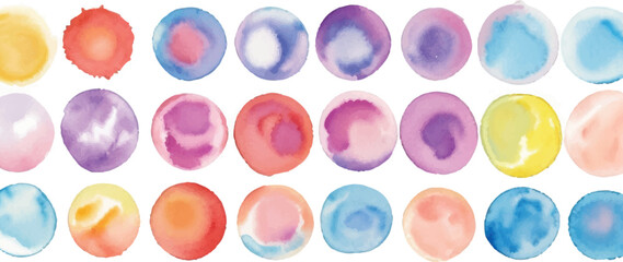 A vibrant collection of multicolor watercolor circles, created with bold brushstrokes, set against a clean white background for a dynamic and expressive artistic design.