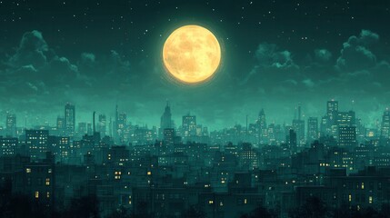 Ethereal Full Moon Over Dark Cityscape at Night with Moody Green Hues.