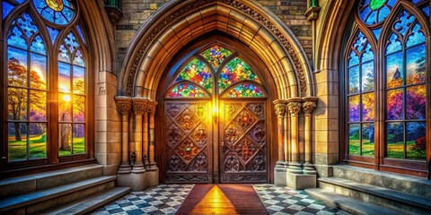 Obraz premium Stunning Gothic Wooden Church Door Featuring Vibrant Stained Glass Windows in a Captivating Candid Photography Style, Showcasing Architectural Elegance and Rich History