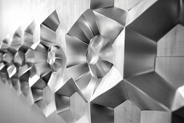 3D model, futuristic hexagon wall, block structure, metallic materials, glowing details, clean lines