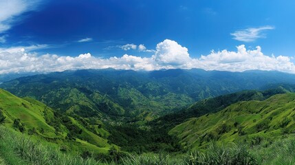 Obraz premium Panoramic view of lush green valley nestled within a mountain range under a vibrant blue sky with fluffy white clouds.